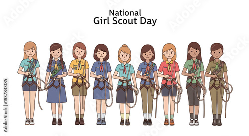 Illustration of diverse group of young girls in various Girl Scout uniforms standing together in a line on National Girl Scout Day with a clean white background.