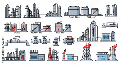 Industrial factory and refinery plant illustrations collection.
