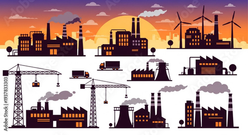 Industrial factory silhouettes with wind turbines and cranes.