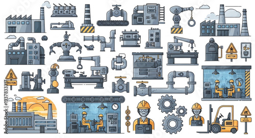 Industrial factory and machinery illustration set.