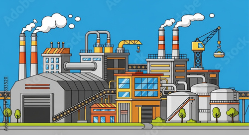 Industrial factory complex with smoking chimneys and cranes.