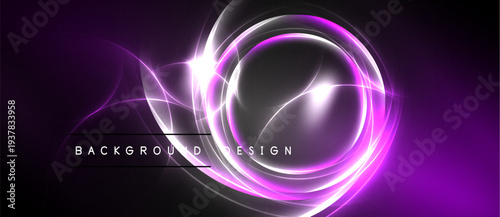 Abstract purple neon lights form swirling circles. Dark background emphasizes bright glowing shapes, creating dynamic visual effect.