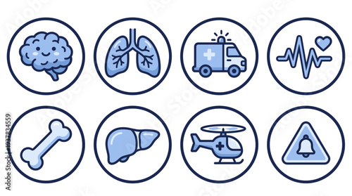 Outline vector icons illustrating medical and healthcare concepts like human anatomy, emergency response, and vital health signs, suitable for digital design