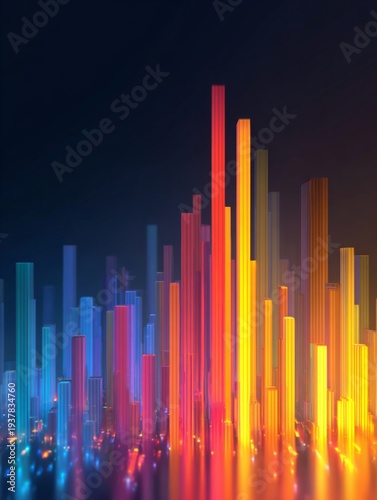 Colorful Neon 3D Data Analytics Dashboard with Business Charts and Financial Graph Visualization