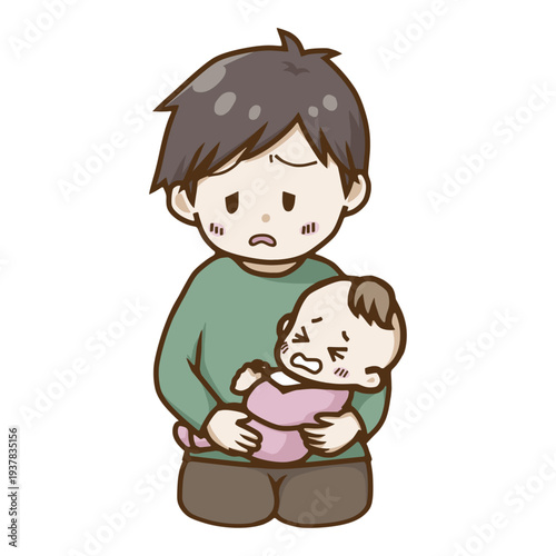 育児疲れで悩み落ち込む父親と泣く赤ちゃんのイラスト