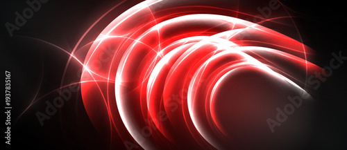 Abstract red energy flows, swirling patterns. Bright light contrasts dark background. Dynamic composition creates visual impact.