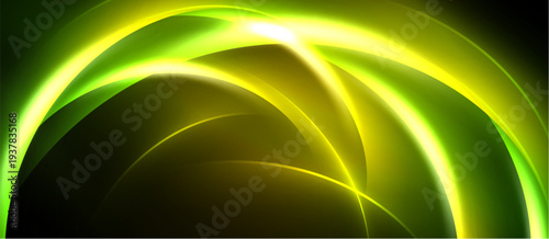 Abstract design features vibrant yellow, green curves against black background. Light radiates from central point, creating dynamic effect.