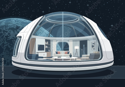 Futuristic Space Station Interior Viewed from Outside with Earth in the Background Illustration