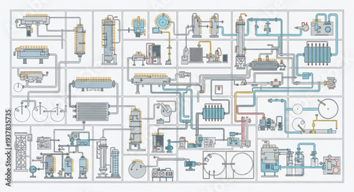 Complex industrial schematic diagram with pipes and machinery.