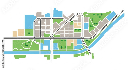 City Map Illustration with Parks and Waterways.