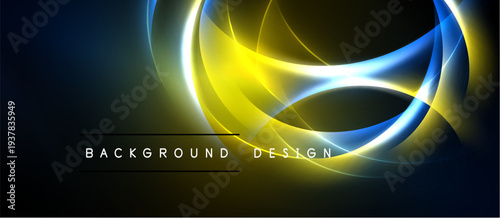 Abstract design features glowing curves, vibrant yellow, blue hues. Dark background emphasizes luminosity, creating dynamic visual effect.