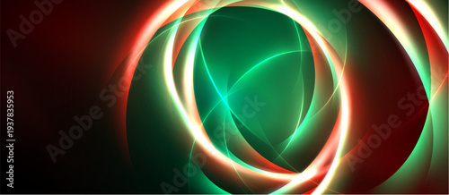 Abstract design features vibrant green, red glows. Circular shapes overlap creating dynamic visual effect. Dark background enhances luminosity.