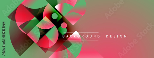 Abstract geometric shapes overlap, creating vibrant color gradients. Green, pink, black hues dominate composition. Modern design element.