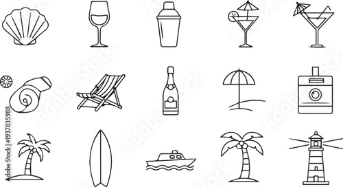 Set of 15 Outline Summer Vacation and Beach Holiday Icons Vector Collection for Travel Websites, Mobile Apps, and Marketing Designs