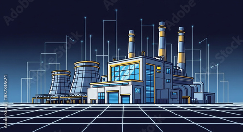 Modern industrial factory complex with digital grid overlay.