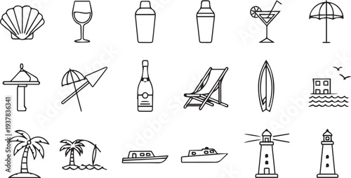 Set of 20 Black and White Outline Summer Vacation and Beach Holiday Icons Vector Collection for Web and Mobile Design