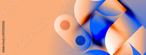 Abstract shapes, orange, blue hues create modern design. Fluid forms overlap, suggesting movement, depth. Minimalist aesthetic.