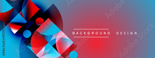 Abstract geometric shapes blend vibrant blues, reds, purples. Gradient background creates dynamic visual effect. Text reads background design.