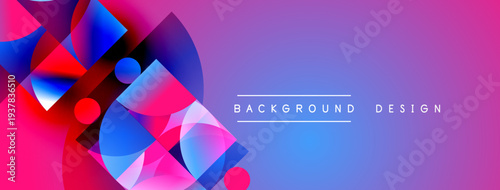 Abstract geometric shapes blend vibrant pinks, blues, purples. Gradient colors create dynamic visual effect. Modern design element.