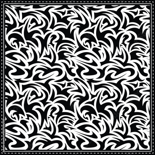 Seamless black and white tribal pattern vector. Bold, edgy design perfect for bandana prints, streetwear apparel, headwear, textile graphics, and modern artistic backgrounds.