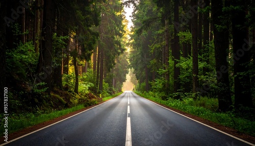 Road winding through dark dense forest, sunlight shining in the distance