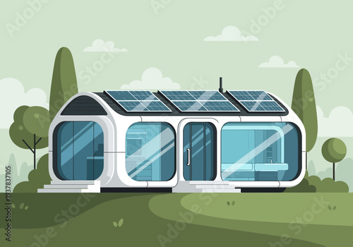 Futuristic eco-friendly home with solar panels on roof, surrounded by lush greenery and trees, viewed from a slight angle
