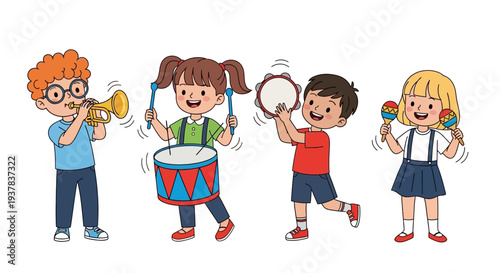 Four happy cartoon children playing musical instruments including a trumpet drum tambourine and maracas,