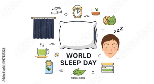 Vector illustration for World Sleep Day featuring a peaceful sleep concept with a pillow, sleepy face, and various sleep-related icons in a flat lay composition with a calming mood against