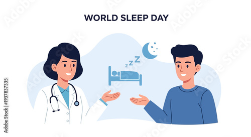 Flat illustration of a doctor and patient discussing sleep health awareness with a bed and moon icon in a simple, modern style conveying a peaceful mood.