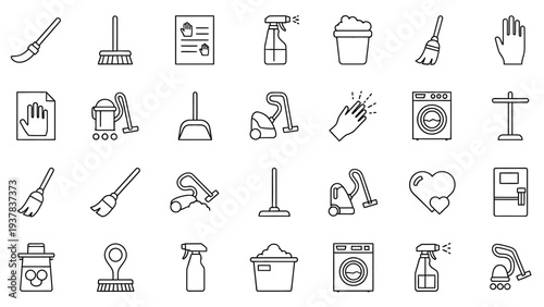 Photos simple line icons illustrating various cleaning tools and supplies for household chores and janitorial services in vector graphic design
