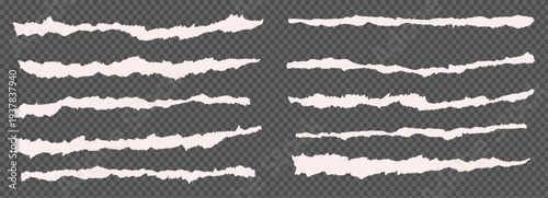 Ripped pieces of paper stripes torn edge set. Ripped strips of white colors at transparent background. Ripped newspaper clip art. Ripped paper note border grunge brush stroke