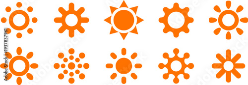 Sun Solar Weather Forecast Icon Set Summer Sunny Day Logo. Orange Minimal Flat Symbol Pictogram Logo Collection, Heat Daylight Renewable Energy UI App Interface Design Elements. Vector Illustration