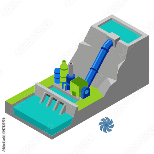 A hydroelectric dam generates power with a large turbine and water flow.
