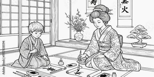 Coloring page for children - a young samurai and a noble lady practicing calligraphy on a tatami mat