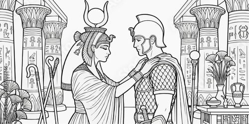 Coloring page for children - the high priestess sends a warrior to war in ancient Egyptian settings