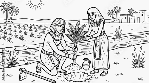 Coloring page for children - an Egyptian couple planting a young palm tree near an irrigation canal, a symbol of the future and unity