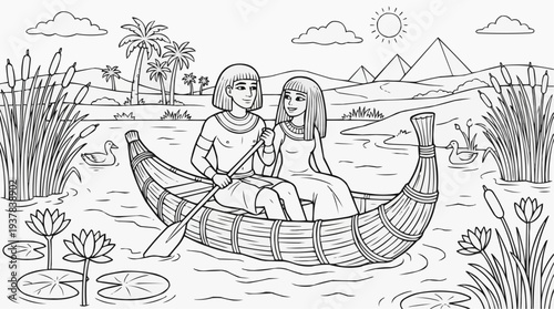 Coloring page for children - an Egyptian couple sailing a papyrus boat on the Nile