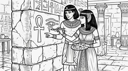 Coloring page for children - an Egyptian couple painting a temple wall with hieroglyphs