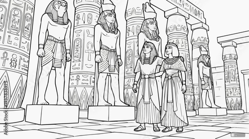 Coloring page for children - a couple examining large statues and columns in an ancient Egyptian temple