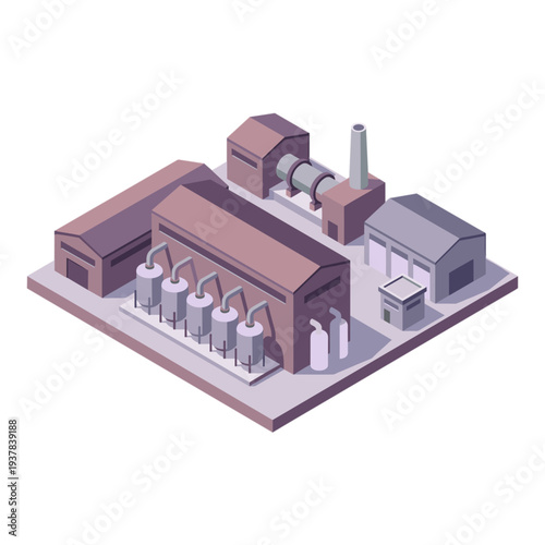 An industrial factory with smokestacks and machinery operates outdoors