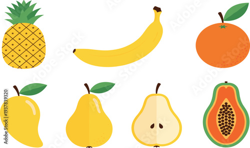 Tropical Fruit Vector Icon Set Featuring Pineapple, Banana, Orange, Mango, Pear, and Papaya for Healthy Food, Summer Nutrition, and Grocery Design.