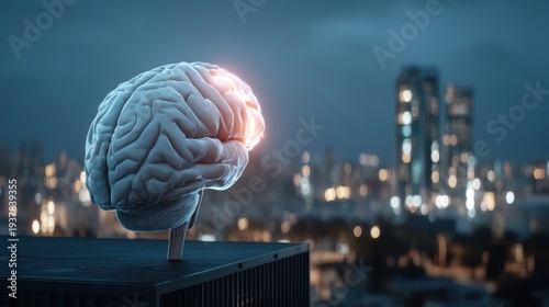Innovative brain visualization urban setting digital art cityscape nighttime cognitive science concepts