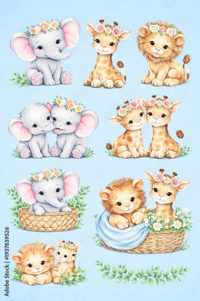 Obraz premium Cute cartoon baby animal collection with dog cat bear rabbit lion elephant horse and giraffe characters in a playful vector illustration set