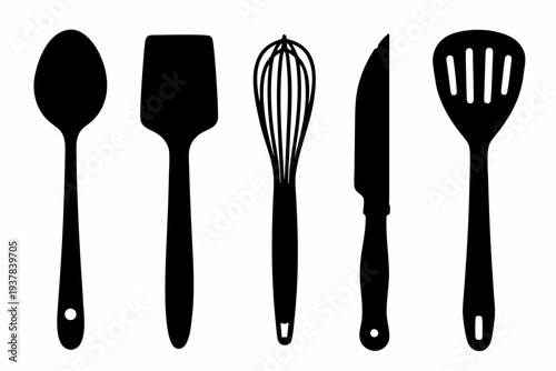 Kitchen utensils and cooking tools silhouette elements set