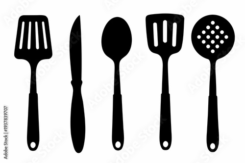 Kitchen utensils and cooking tools silhouette elements set