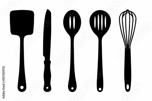 Kitchen utensils and cooking tools silhouette elements set