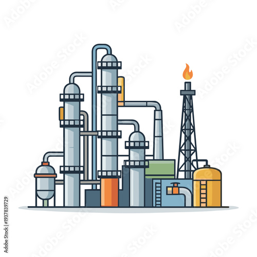 Factory Buildings Collection Exterior Manufacturing, Gas Station and Oil Refinery Engineering Chemical Industry Flat Vector Illustration Set