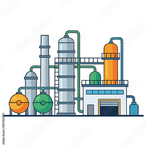 Factory Buildings Collection Exterior Manufacturing, Gas Station and Oil Refinery Engineering Chemical Industry Flat Vector Illustration Set