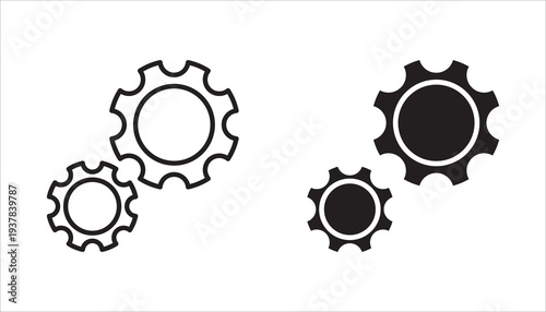 A collection of thin line icons for the gear settings control panel. Contains editable vectors of settings, configuration, search, star, and flash.