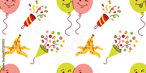 Seamless pattern with april fools day symbols like banana peels party poppers and balloons used for festive wrapping paper and website wallpaper design. Repeating holiday print for spring.